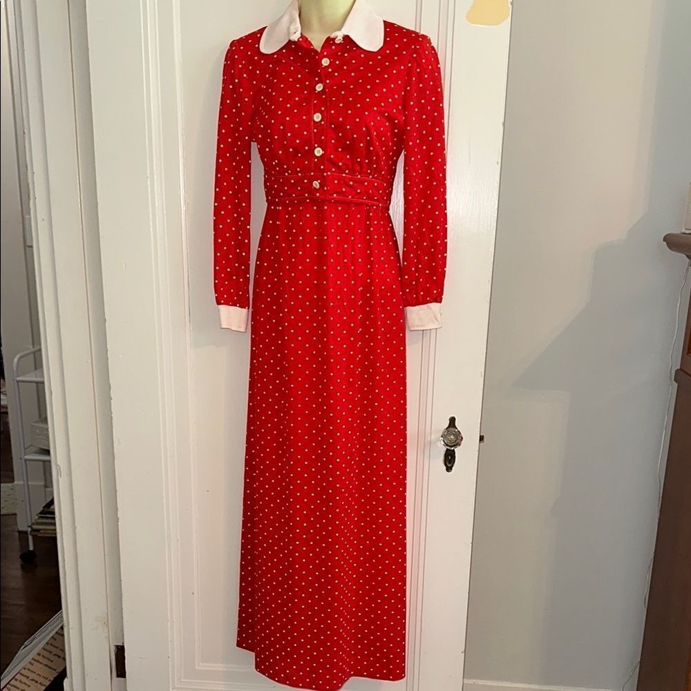Vtg‎ 70s Kelly Arden Red Polka Dot Polyester Halter Maxi Dress/Matching Jacket